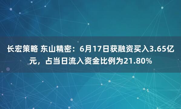 长宏策略 东山精密：6月17日获融资买入3.65亿元，占当日流入资金比例为21.80%